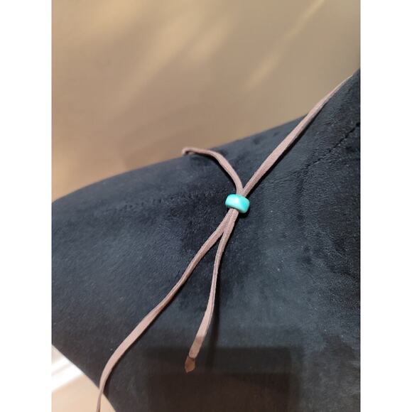 Women's Long Suede Necklace With Turquoise Stone Drops And Bead Slide Lock - Picture 5 of 5